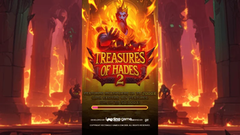 Treasures of Hades 2 — hleðsluskjár spilakassa Rectangle Games í goðafræðilegu umhverfi undirheima