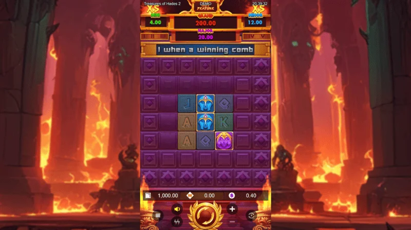 Treasures of Hades 2 — aðalspilaskjár spilakassans með 3×3 hjólum og 20 vinningslínum frá Rectangle Games